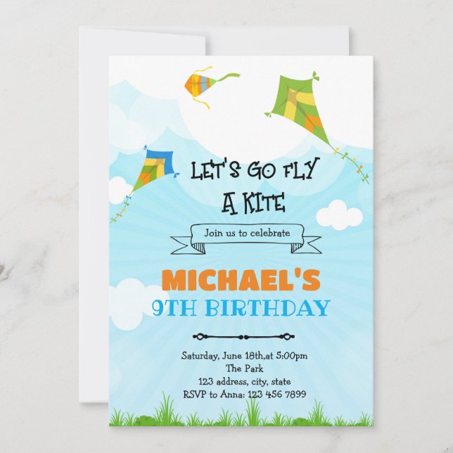 Kite field day birthday party invitation (Front)