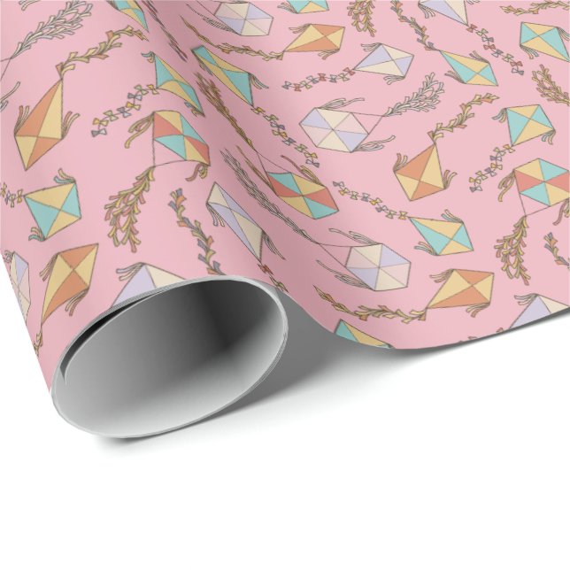 Kite Icons Pattern Pink Wrapping Paper (Roll Corner)