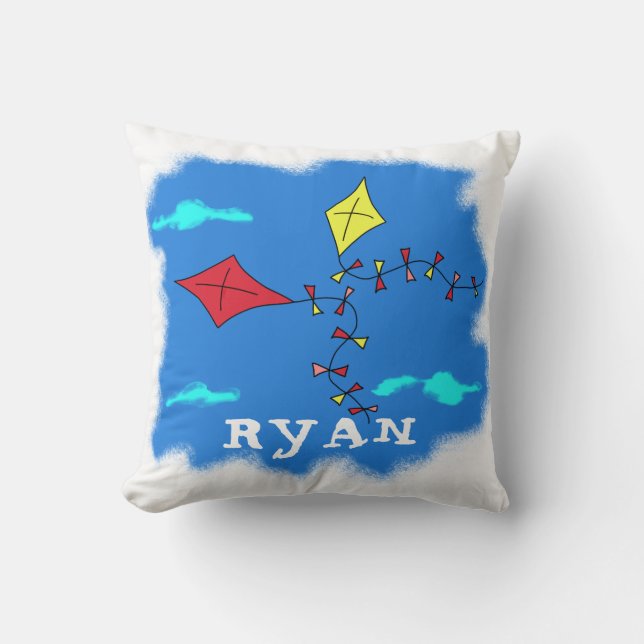 Kite Yellow Red Sky Cloud Drawing Kid`s Name Cushion (Front)
