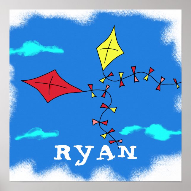 Kite Yellow Red Sky Cloud Drawing Kid`s Name Poster (Front)