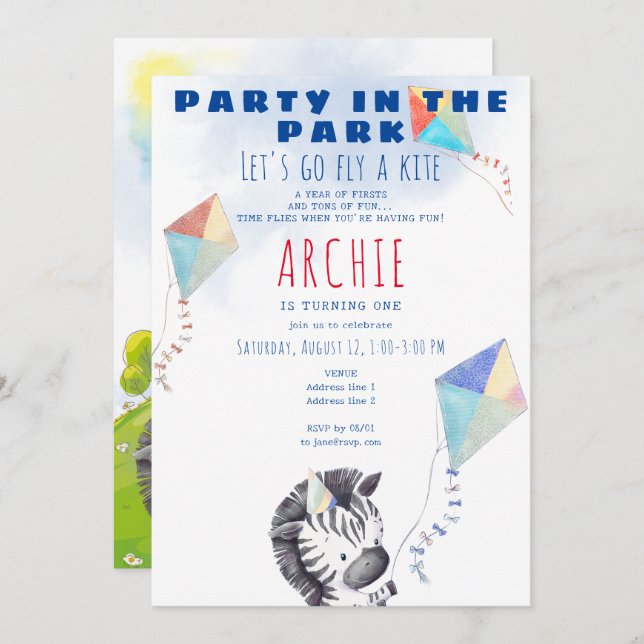 Kite Zebra Any Age Toddler Picnic Birthday Party Invitation (Front/Back)