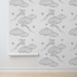 Kites Clouds Hearts Neutral Grey Baby Nursery Wallpaper