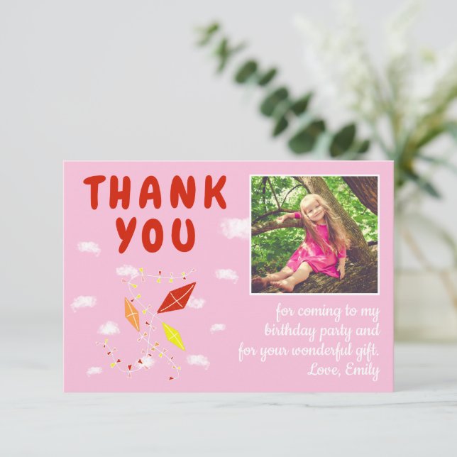 Kites Clouds Pink Girl Photo Birthday  Thank You Card (Standing Front)