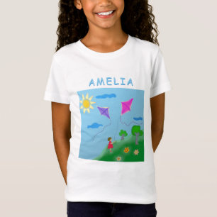Kites Grass Flower Girl Sun Drawing T-Shirt