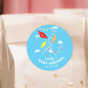 Kites in Sky Blue Boy Baby Shower Classic Round Sticker