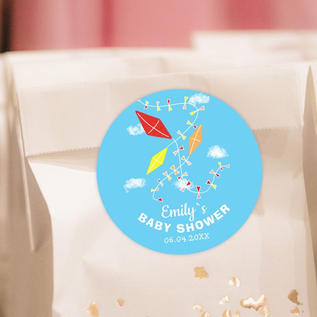 Kites in Sky Blue Boy Baby Shower Classic Round Sticker (Creator Uploaded)