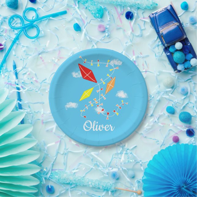 Kites in Sky Blue Boy Happy Birthday Party  Paper Plate (Party)