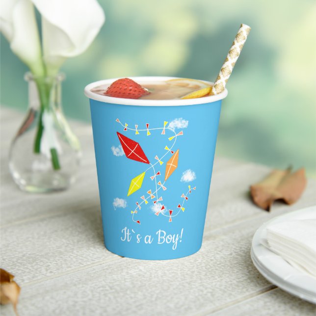 Kites in Sky Blue It`s a Boy Baby Shower Paper Cups (Insitu)