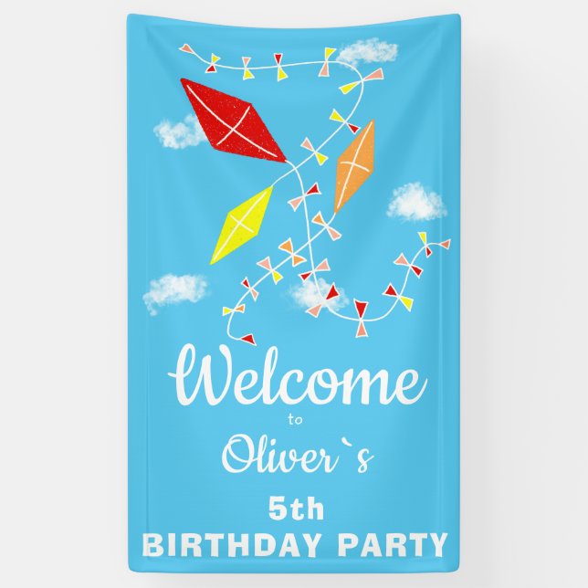 Kites in Sky Blue Kids Birthday Party Welcome Banner (Vertical)