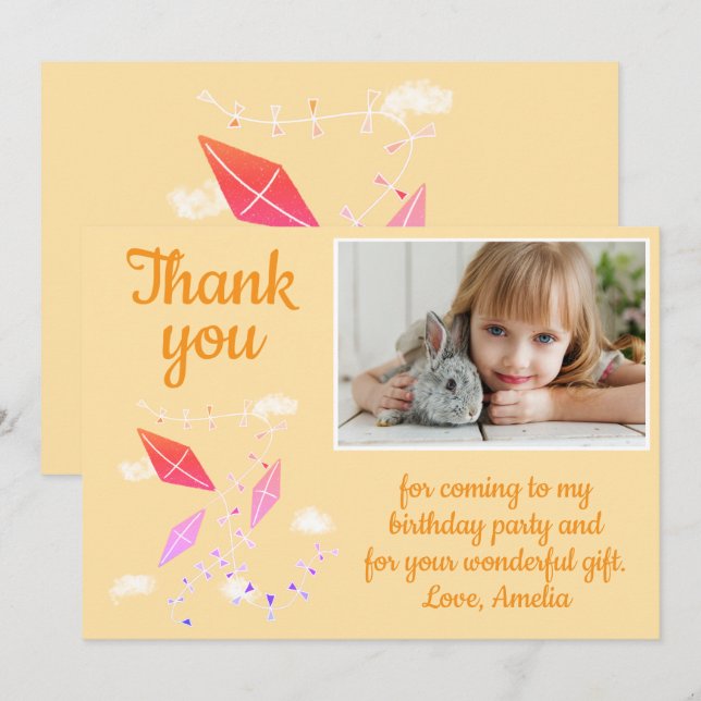 Kites in Sky Girl Photo Birthday Thank You Card (Front/Back)