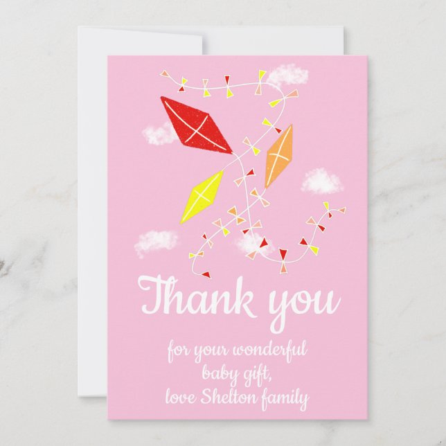 Kites in Sky Pink Baby Girl Baby Shower  Thank You Card (Front)