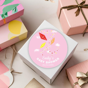 Kites in Sky Pink Girl Baby Shower Classic Round Sticker