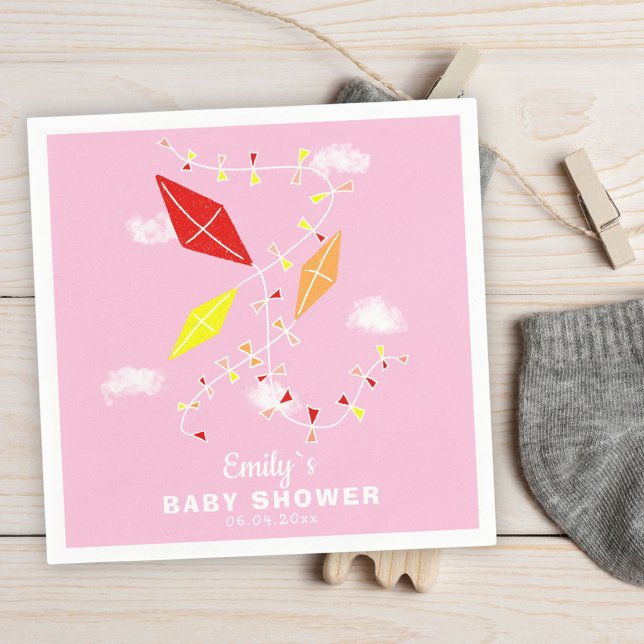 Kites in Sky Pink Girl Baby Shower Party Napkin (Creator Uploaded)