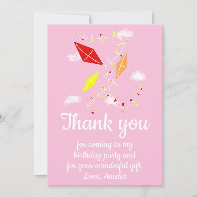 Kites in Sky Pink Girl Birthday Thank You Card (Front)