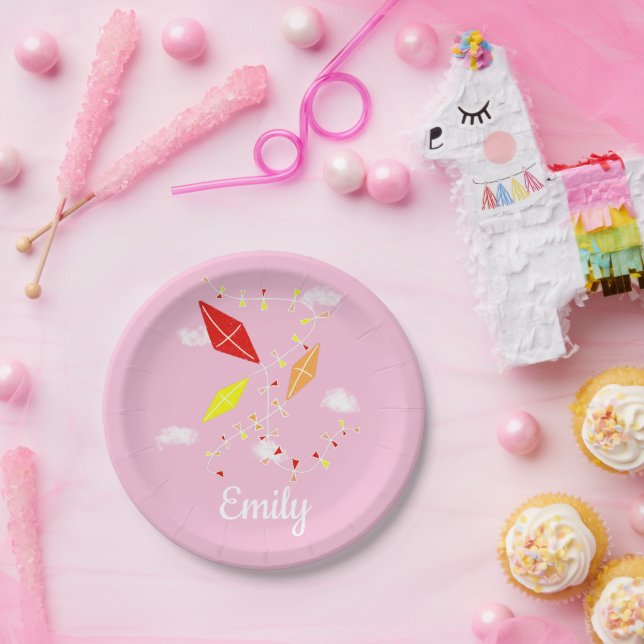 Kites in Sky Pink Girl Happy Birthday Party Paper Plate (Party)