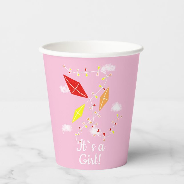 Kites in Sky Pink It`s a Girl Baby Shower  Paper Cups (Front)