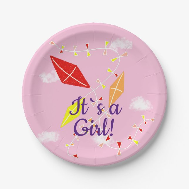 Kites in Sky Pink It`s a Girl Baby Shower Party Paper Plate (Front)