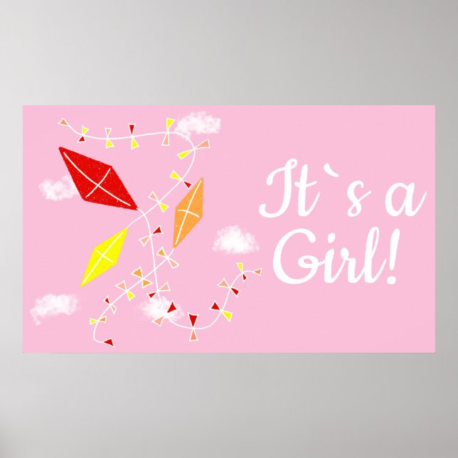 Kites in Sky Pink It`s a Girl Baby Shower Poster (Front)