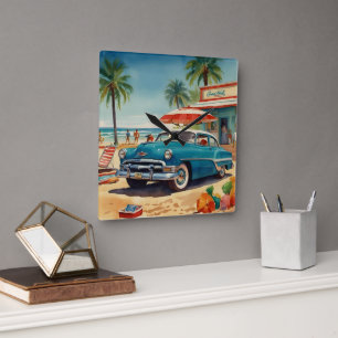 Kitsch 1950s Vacation Illustration Square Wall Clock