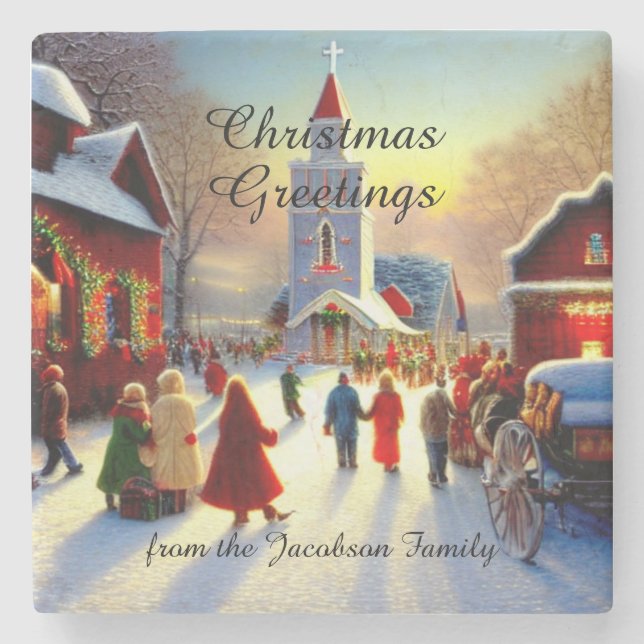 Kitsch Christmas Greetings Village Churchgoers Stone Coaster (Front)