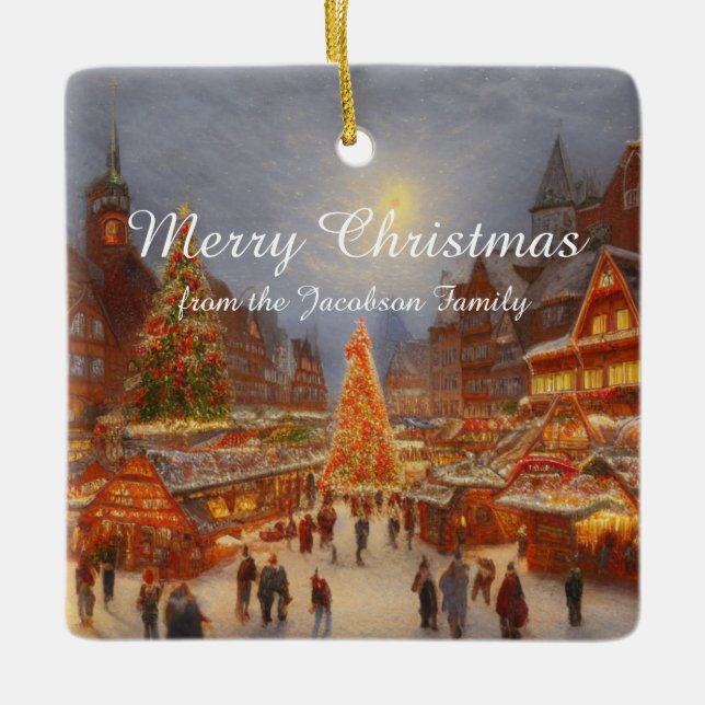 Kitsch Nostalgic German Christmas Market Greetings Ceramic Ornament (Front)