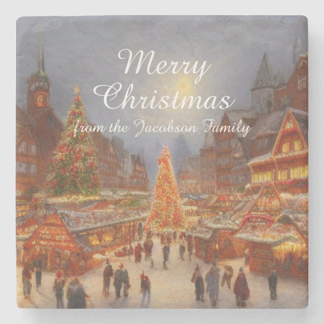 Kitsch Nostalgic German Christmas Market Greetings Stone Coaster (Front)