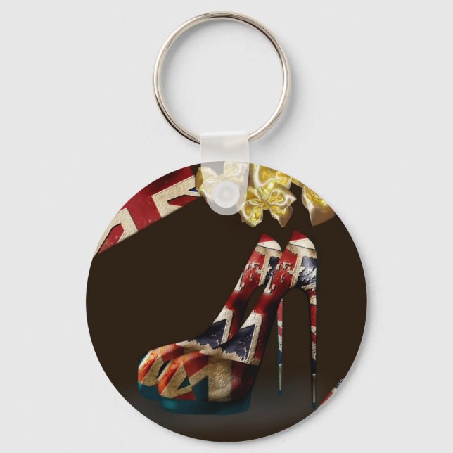 Kitsch Union Jack Stiletto Shoes and gold bow gift Key Ring (Front)