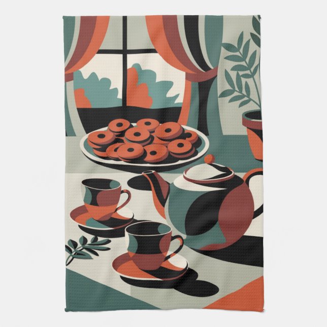 Kitschen style 50's abstract tea and biscuits towel (Vertical)