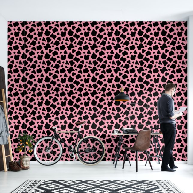 Kitschy Black Pink Cow Print Wallpaper (Living Room)