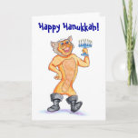 Kitschy Happy Hanukkah Cartoon Cat Card<br><div class="desc">Perfect for actual kids or kitschy hipster friends. This hand-drawn, and hand-coloured artwork of a kitty cat marching around celebrating Hanukkah in his big black, boots is unique and sure to be a hit. How many boot and yamaka-wearing, menorah-carrying cat Hanukkah cards are out there? Customizeable text so you can...</div>