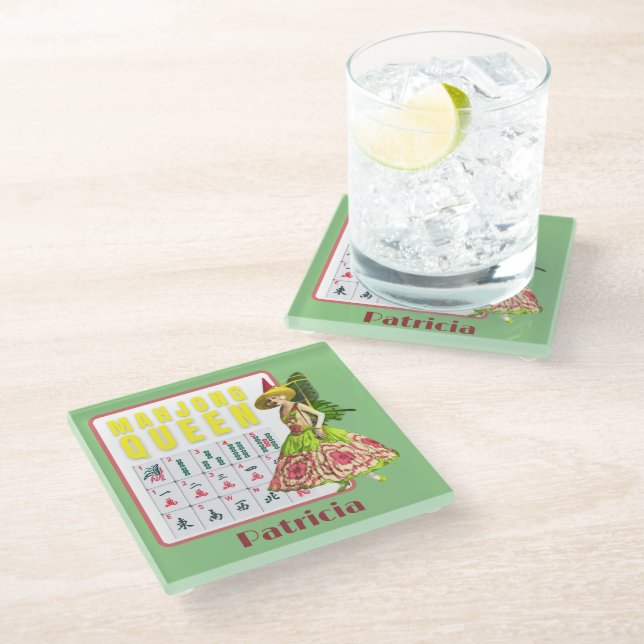 Kitschy Mahjong Queen Personalised  Glass Coaster (Angled)