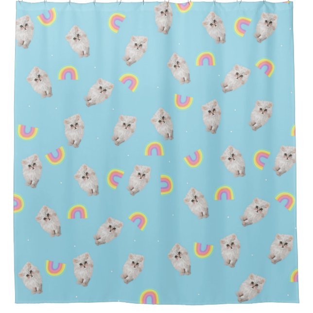 Kitschy Pastel Aesthetic Cat Kitten Rainbows Blue  Shower Curtain (Front)