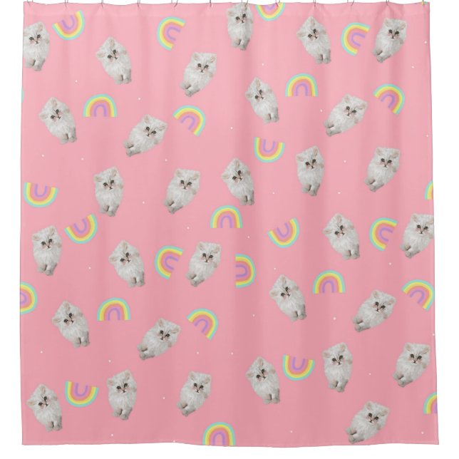Kitschy Pastel Aesthetic Cat Kitten Rainbows Pink  Shower Curtain (Front)