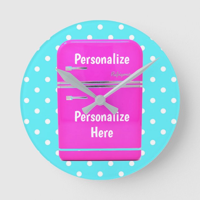 Kitschy pink refrigerator on polka dots clock (Front)