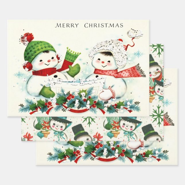 Kitschy Retro Snowmen Wrapping Paper Sheet (Set)