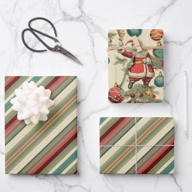 Kitschy Santa and Ornaments Complimentary Stripes Wrapping Paper Sheet (Front)