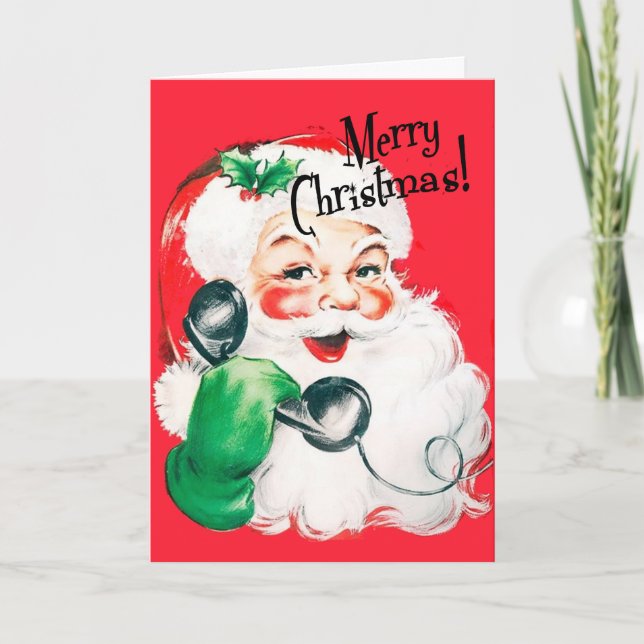 Kitschy Santa Claus on the Phone Merry Christmas Holiday Card (Front)