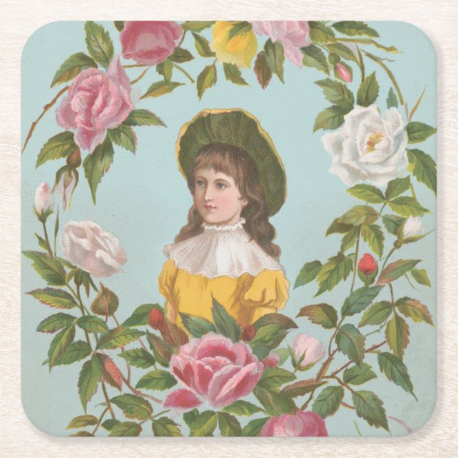 Kitschy Vintage German Valentine's Card, 1884 Square Paper Coaster (Front)