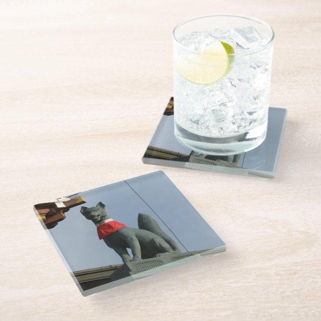 Kitsune キツネ (Fox) with Jewel in Mouth Glass Coaster (Angled)