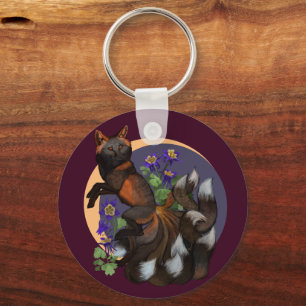 Kitsune and Columbine Flowers Key Ring