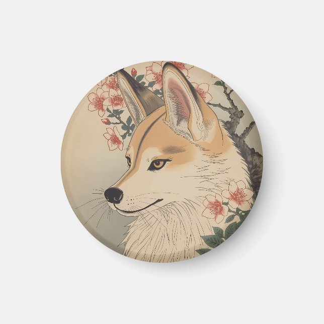Kitsune & cherry blossom magnet (Front)