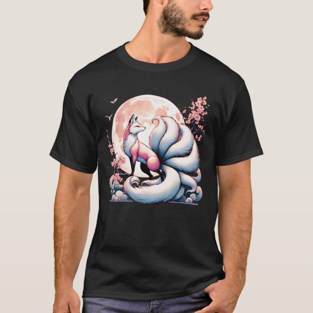 Kitsune Fox Cherry Blossom Flowers Japanese Nine T-Shirt (Front)