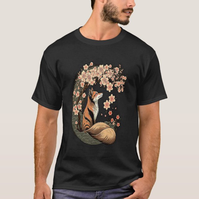 Kitsune Fox Japanese Nine Tailed Fox Cherry Blosso T-Shirt (Front)