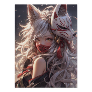 Kitsune Fox Mask Samurai Girl Japanese Poster