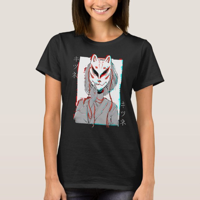 Kitsune Fox Mask Vaporwave Glitch Japan Style T-Shirt (Front)