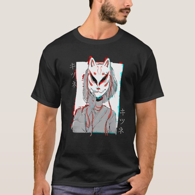 Kitsune Fox Mask Vaporwave Glitch Japan Style T-Shirt (Front)