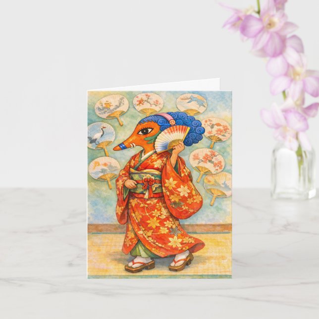 Kitsune in Kimono with Fan  Card (Orchid)