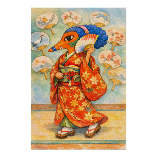 Kitsune in Kimono with Roses – Japanese Fox Spirit Poster