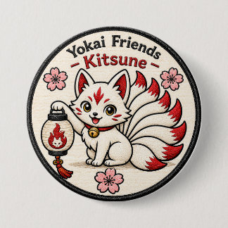 Kitsune Japanese Yokai Pin Button, Cute Nine Taile