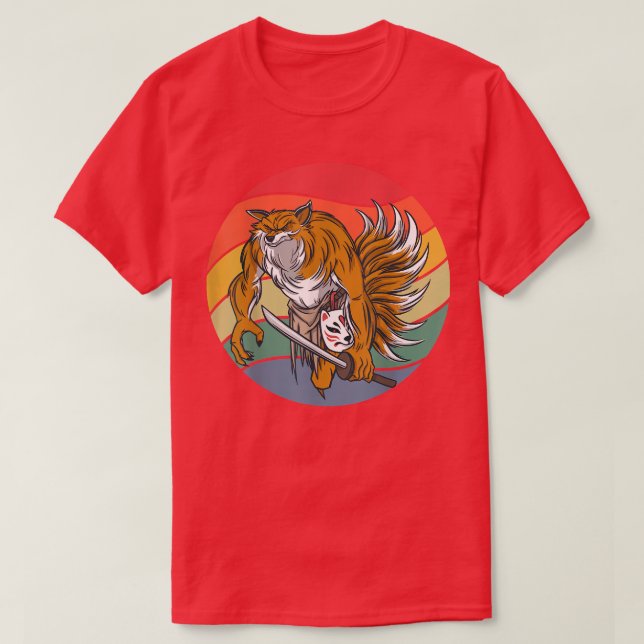Kitsune Kawaii Fo with Many Tails Japanese Sword  T-Shirt (Design Front)